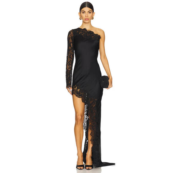 Majorelle Saskia Gown black satin fabric lace trim asymmetric hem S NWT $348msrp - Picture 1 of 15